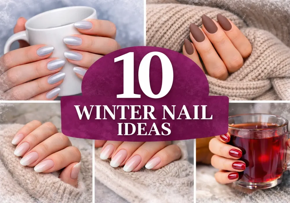 winter nail ideas collage featuring chrome nails matte brown nails french tips nude nails and glossy red winter manicure inspiration