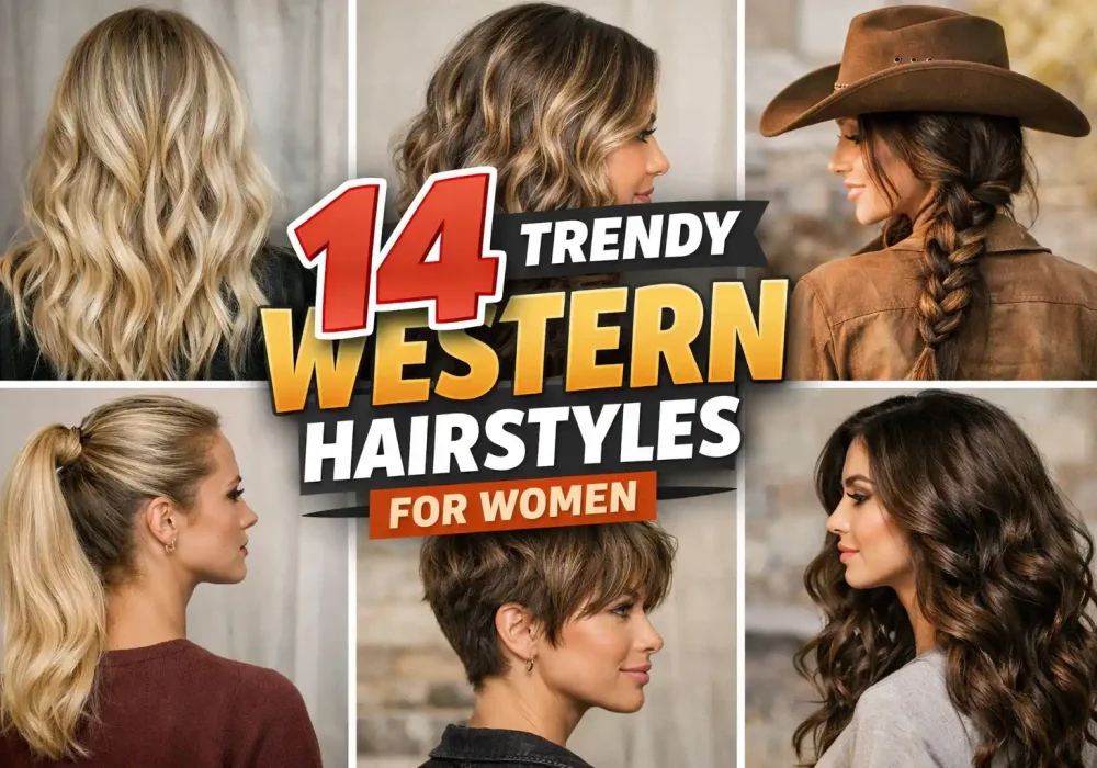 Collage of 14 trendy western hairstyles for women featuring modern waves, braids, ponytails, and stylish haircuts, western hair inspiration collage