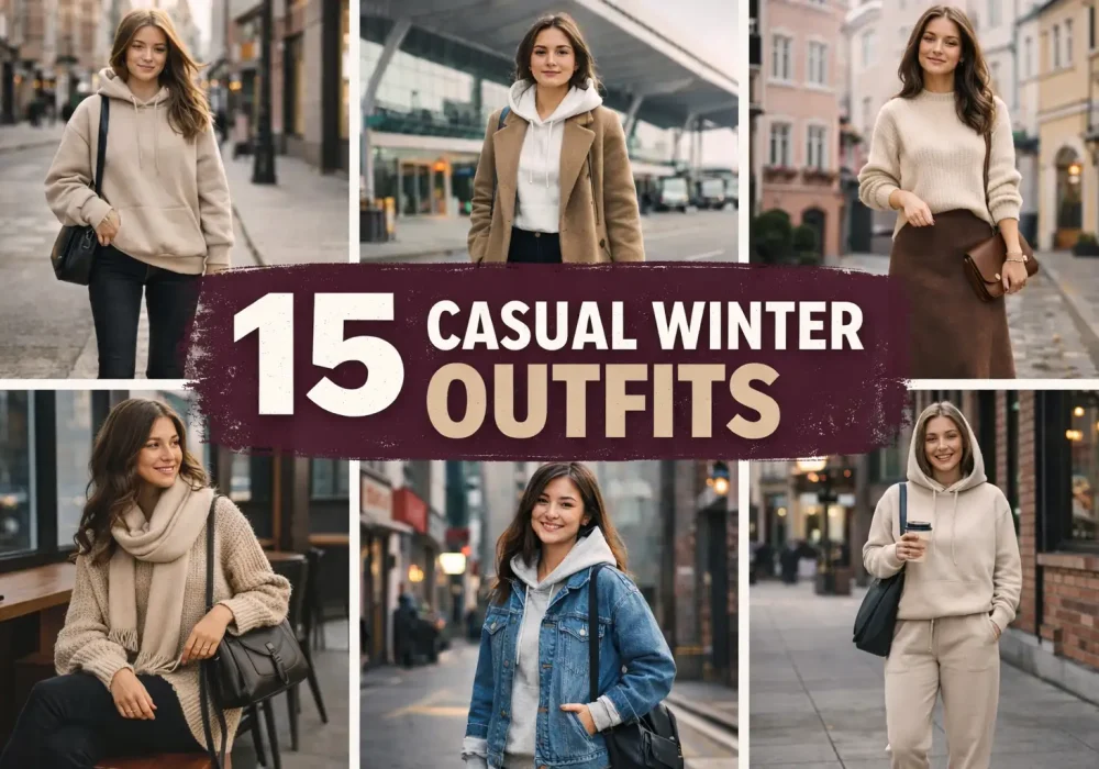 15 casual winter outfits ideas for girl's collage featuring cozy hoodies sweaters coats and jeans stylish winter street looks