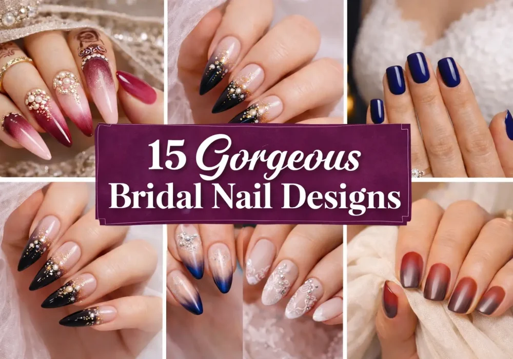 Featured collage of six bridal nail designs showing elegant, modern, and luxury wedding nail ideas for brides