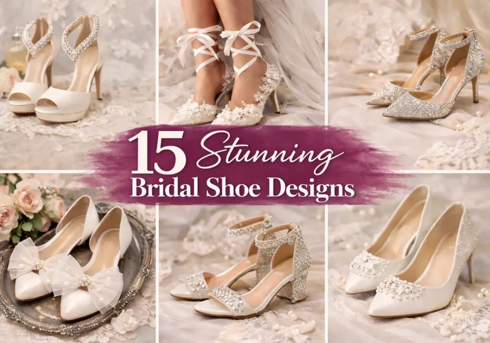 Collage of stunning bridal shoes designs featuring elegant wedding heels with embellishments, bows, ankle straps, and classic bridal styles perfect for modern brides