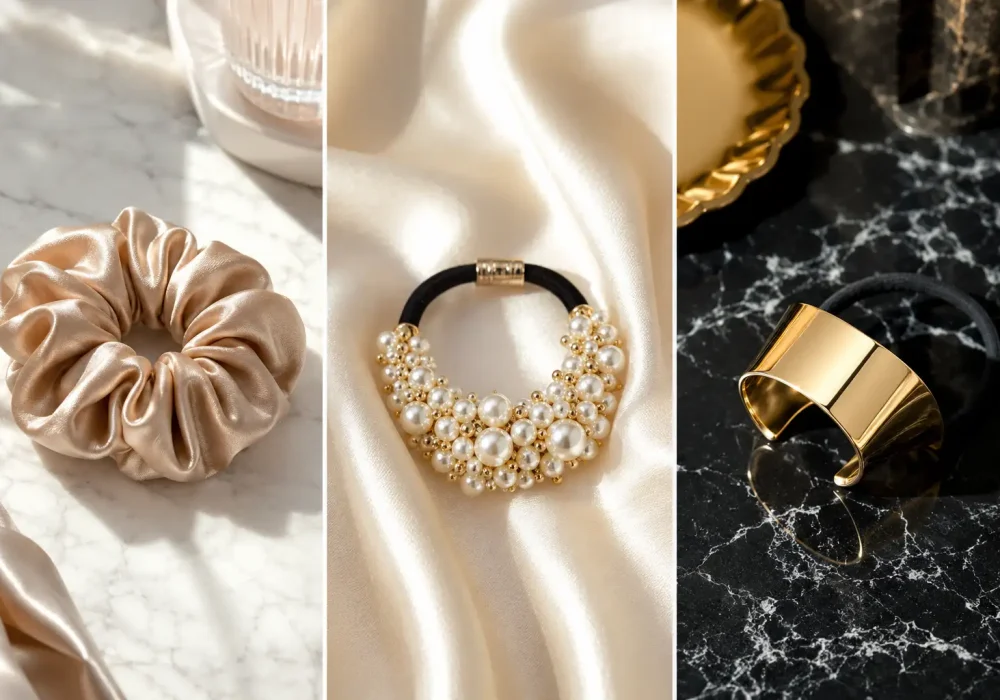 Luxury fashion collage featuring three stylish ponytail holders arranged in a premium vertical grid layout. The image showcases a champagne beige Mulberry silk scrunchie on white marble, an elegant pearl embellished ponytail holder displayed on soft ivory satin fabric, and a polished gold metal hair cuff ponytail holder on black marble. High-end editorial styling with luxury textures, sophisticated feminine accessories, modern hair fashion trends, and designer-inspired beauty aesthetics perfect for elegant hairstyles and fashionable everyday looks.