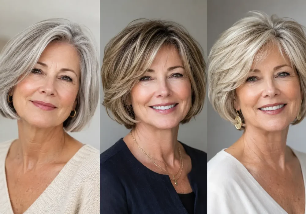 Collage of three layered bob hairstyles for older women featuring silver blonde, highlighted brunette, and voluminous blonde bobs. Elegant short haircuts with face-framing layers, soft texture, and added volume, showcasing flattering fuller-looking bob hairstyles for women over 50 and 60.