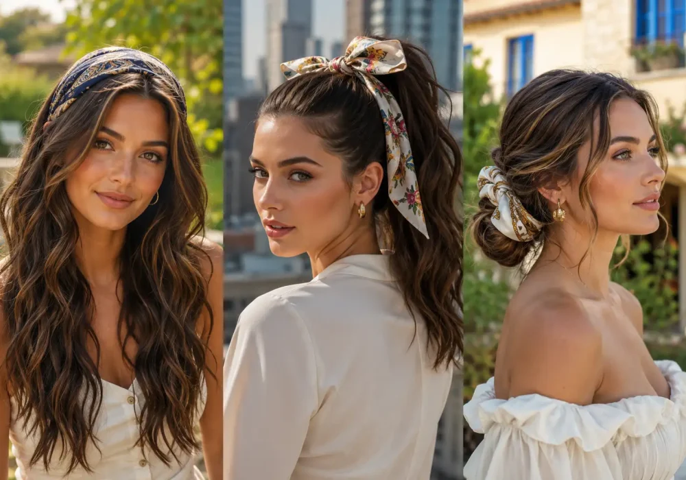 Featured collage showcasing three trendy bandana hairstyles for women, including a classic bandana headband with loose waves, a high ponytail with a floral bandana bow, and a romantic low bun with a silk bandana scarf, photographed in bright outdoor settings with healthy brunette hair, soft feminine styling, and modern fashion-inspired beauty looks.