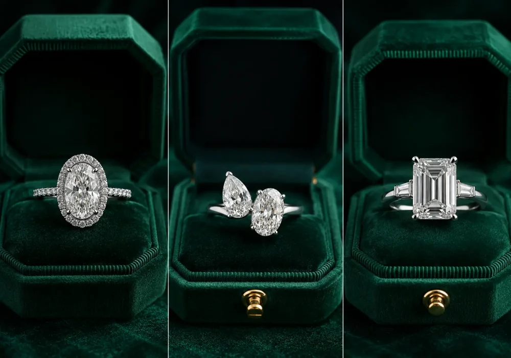 Luxury engagement ring collage featuring three timeless wedding ring ideas displayed in elegant emerald green velvet ring boxes, including a hidden halo oval diamond engagement ring, romantic Toi et Moi two-stone ring, and Art Deco emerald-cut diamond ring. Premium bridal jewelry inspiration showcasing modern engagement ring trends, luxury wedding rings, and timeless diamond ring styles for couples.