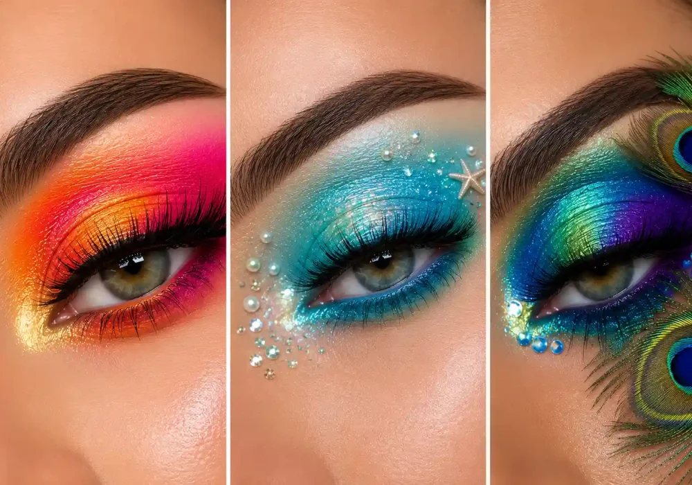 Horizontal beauty collage featuring three Colorful Eye Makeup Ideas including sunset gradient eyeshadow with orange and pink tones, shimmering aqua mermaid-inspired eye makeup with crystal embellishments, and luxurious peacock feather eye makeup with emerald green, turquoise, blue, and purple shades. Professional beauty photography showcasing vibrant eyeshadow trends, dramatic lashes, glowing skin, and bold colorful eye makeup inspiration.