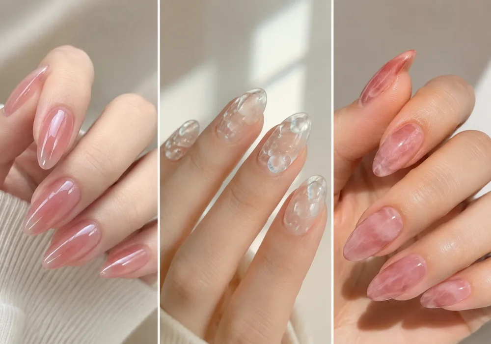 Collage of three trendy jelly almond nail designs featuring pink jelly glass nails, crystal water drop jelly nails, and rose quartz marble jelly nails with glossy translucent gel finishes, elegant almond shapes, and modern Korean-inspired nail art perfect for salon manicure inspiration.
