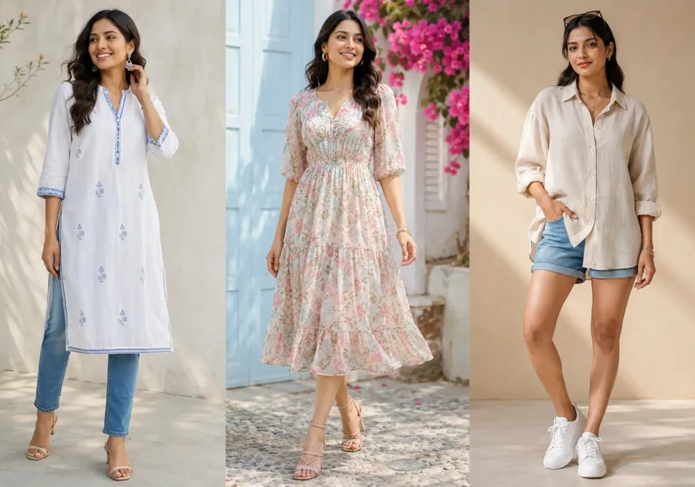 Collage featuring three fashionable Indian women wearing trendy summer outfits including a white cotton kurti with blue jeans, a pastel floral midi dress with sandals, and an oversized linen shirt paired with denim shorts and white sneakers, stylish casual summer fashion inspiration for Indian girls, Summer Outfit Ideas for Indian Girls.