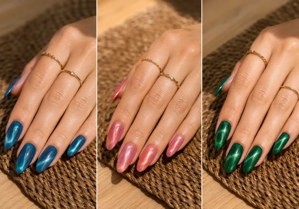 Featured image showcasing three trendy summer cat eye nails designs in a side-by-side collage, including ocean blue, pink sunset, and emerald green magnetic shimmer nails on elegant almond-shaped nails resting on a brown woven rug with gold rings and warm natural sunlight.