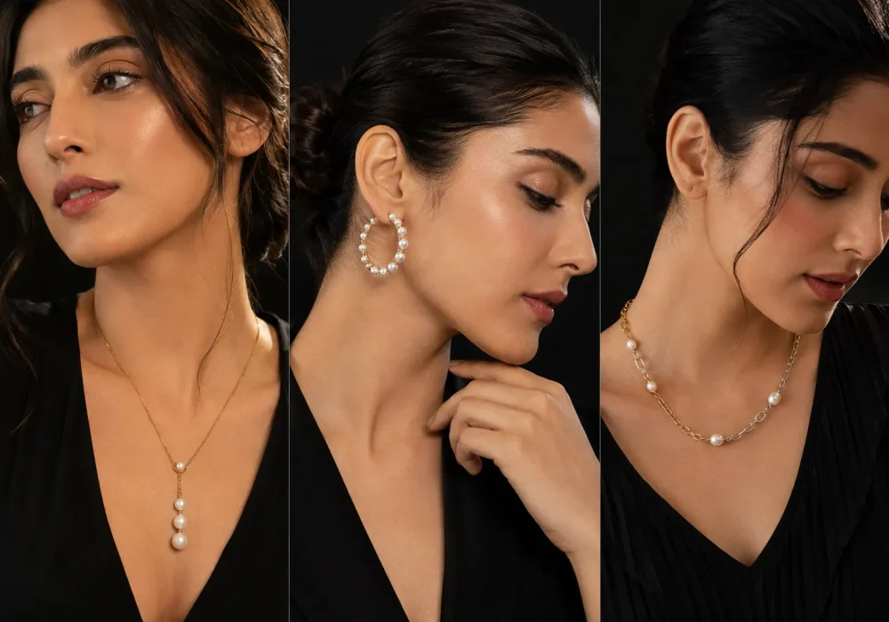 Luxury pearl jewelry collage featuring a woman wearing a pearl drop pendant necklace, pearl hoop earrings, and a modern pearl chain necklace. Elegant black outfit, glowing makeup, dark studio background, and contemporary pearl jewelry ideas for women in 2026.