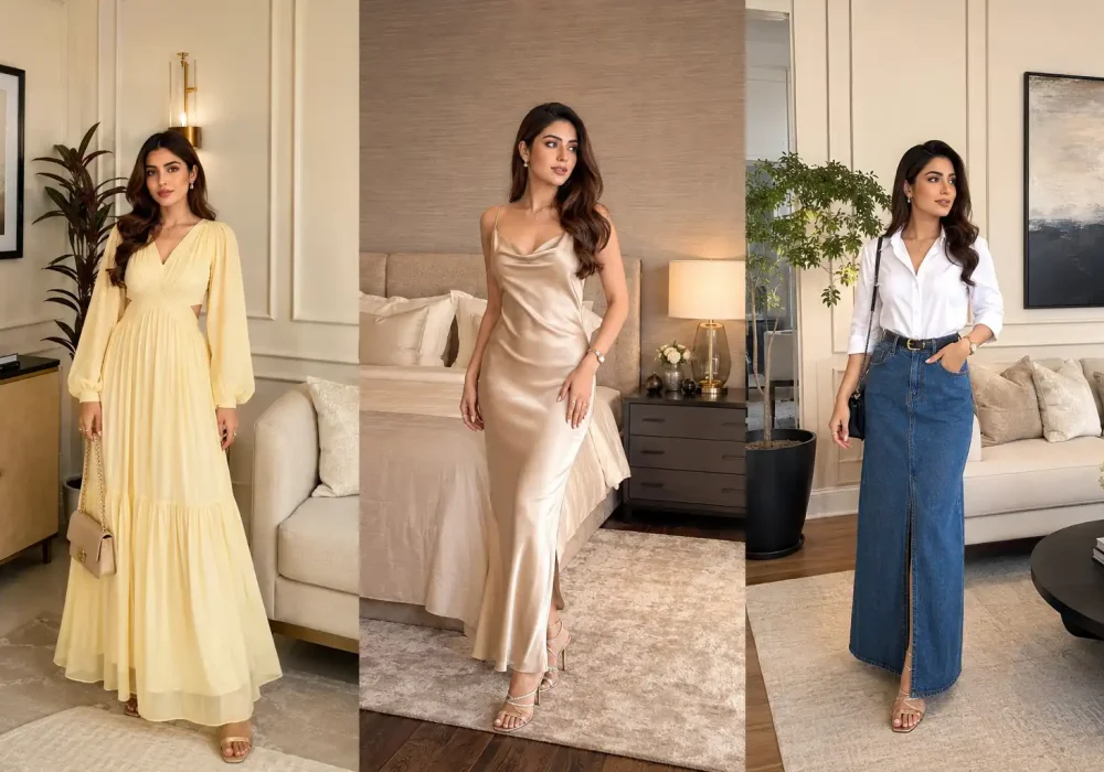 Collage featuring three stylish summer Best Date Night Outfit Ideas for women including a butter yellow maxi dress, champagne satin slip dress, and white button down shirt with denim maxi skirt, showcased in luxurious apartment interiors with elegant décor, trending Summer 2026 fashion inspiration for romantic evenings and chic date night style.