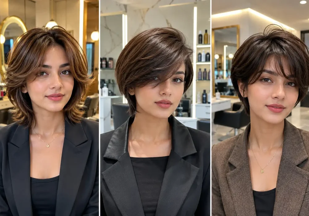 Collage featuring three stylish women with trendy bixie haircuts in a luxury hair salon, showcasing layered bixie hairstyles, soft volume, face framing texture, and modern short hair trends that are set to dominate Summer 2026 for women seeking chic and fashionable haircut inspiration.