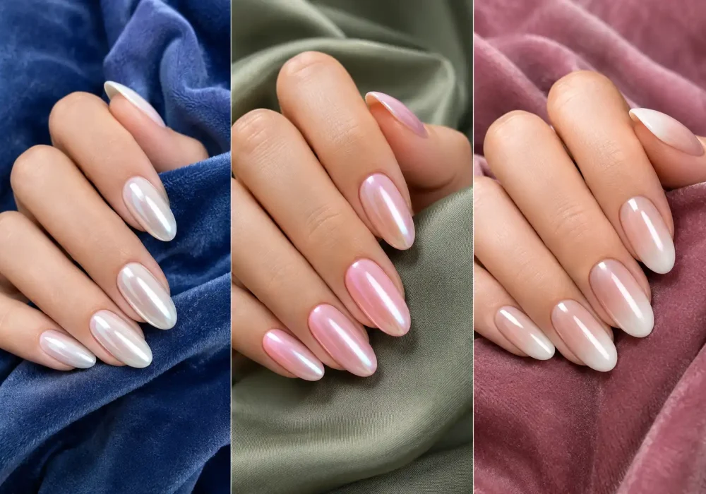 Featured image showcasing three viral glazed donut nail designs in a luxury collage layout, including pearl chrome nails, pink glazed donut nails, and ombre chrome manicure inspiration on almond shaped nails with glossy high shine finish, glazed donut nail ideas for women