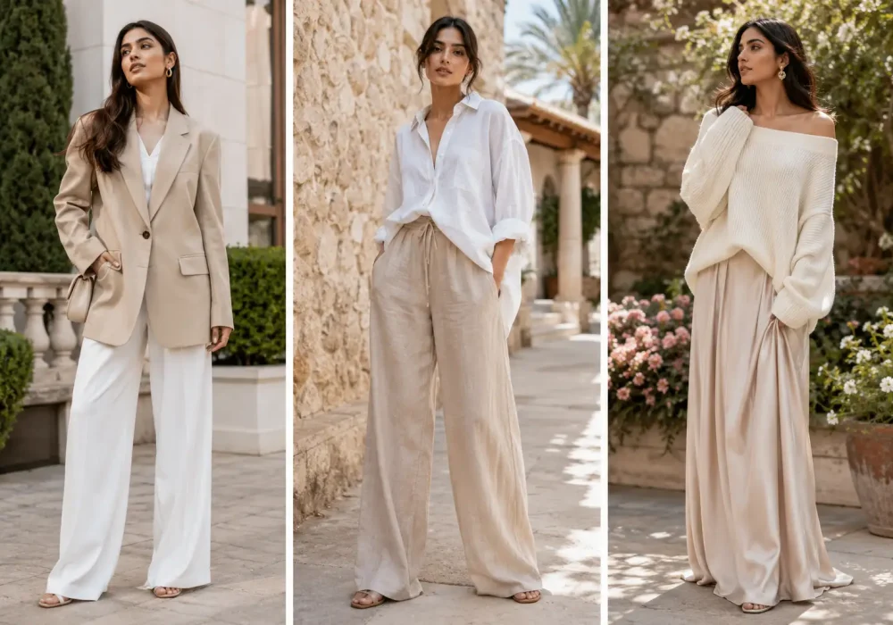 Collage featuring three stylish oversized outfit ideas for women including an oversized beige blazer with white wide leg trousers, an oversized white button up shirt with relaxed linen pants, and an oversized off shoulder knit sweater paired with a flowing satin maxi skirt. Elegant neutral fashion looks showcasing trendy oversized clothing, chic minimalist style, classy streetwear inspiration, and modern outfit ideas for girls.