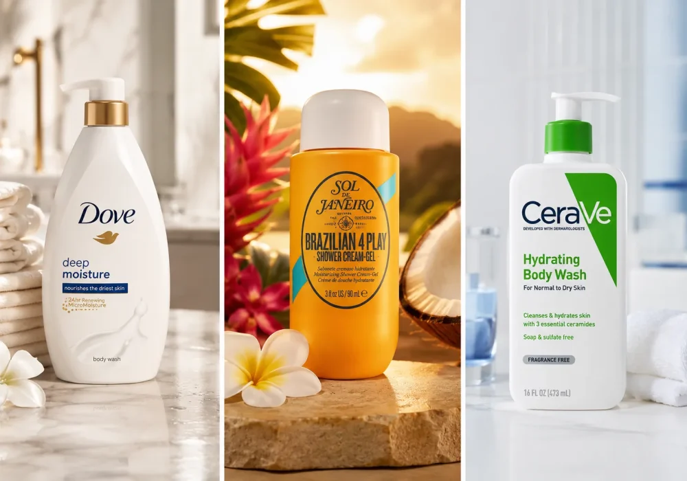 Featured image showcasing three of the body washes for girls arranged in a clean luxury beauty collage, including Dove Deep Moisture Body Wash, Sol de Janeiro Brazilian 4 Play Shower Cream-Gel, and CeraVe Hydrating Body Wash. Elegant spa-inspired backgrounds highlight moisturizing skincare, soft glowing skin, hydration, self-care, and healthy beauty routines.