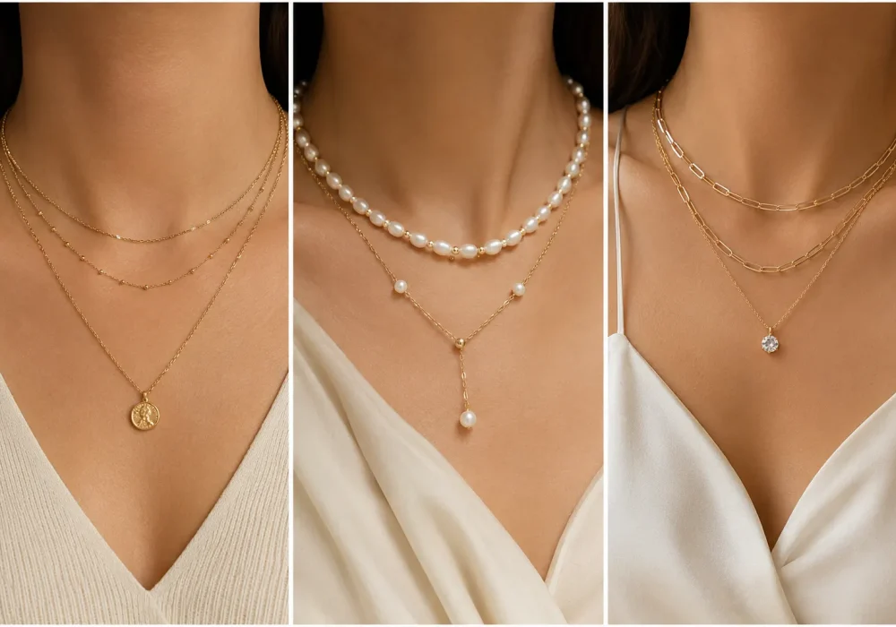 Featured image showcasing three layered necklace ideas styles including a gold coin pendant necklace, pearl layered necklace, and paperclip chain necklace styled with elegant neutral outfits for modern jewelry inspiration.