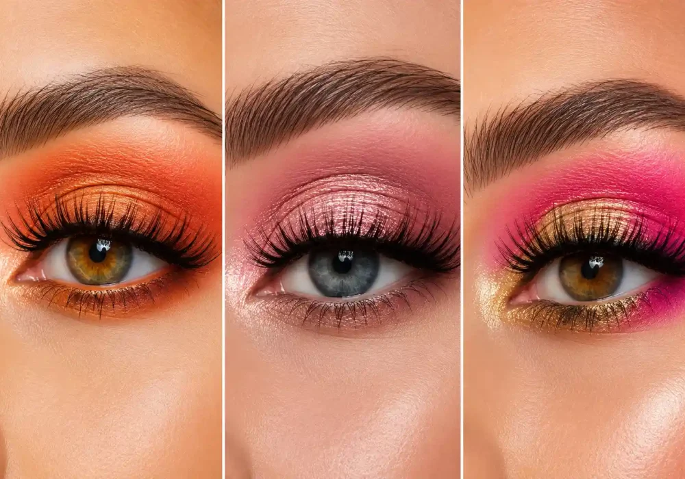 Horizontal beauty collage featuring three trendy summer eye makeup ideas including sunset orange eyeshadow, shimmering rose gold eye makeup, and tropical pink and gold eyeshadow. The image showcases ultra-realistic macro eye photography with dramatic lashes, flawless blending, glowing skin, detailed brows, and vibrant summer beauty trends perfect for makeup inspiration and seasonal glam looks.
