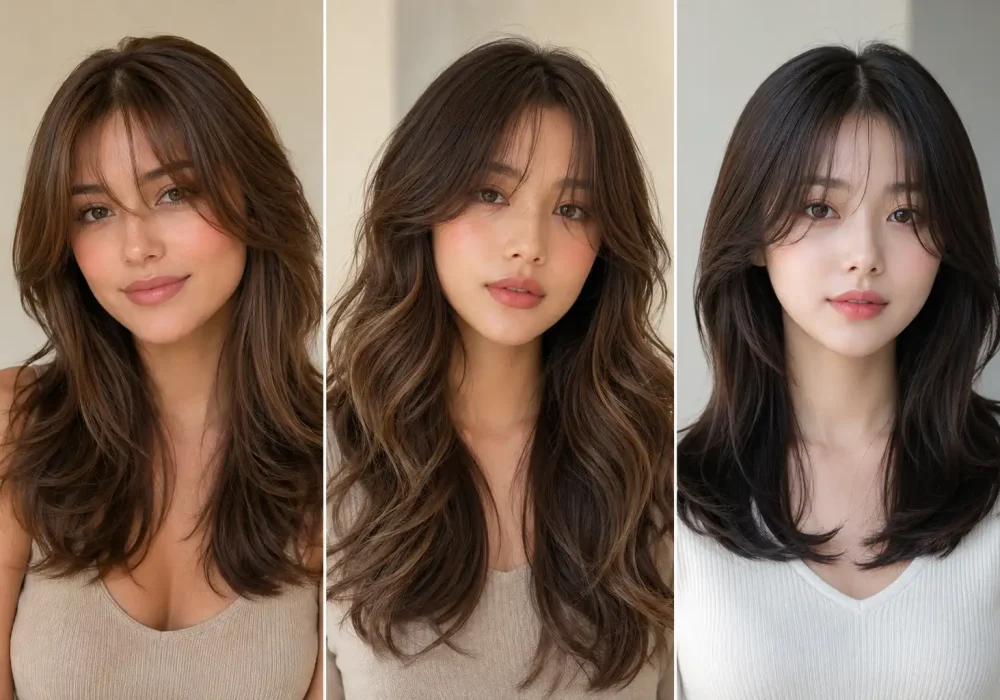 Collage of three women showcasing trendy airy curtain fringe hairstyles with soft curtain bangs, face-framing layers, and modern salon-styled hair for 2026.