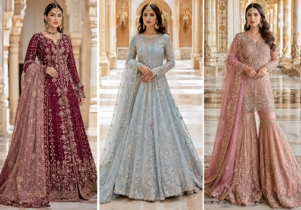 Featured collage showcasing three elegant Pakistani Party Dresses, including a royal wine embroidered maxi, an ice blue luxury couture gown, and a blush pink embellished sharara. Full-length formal outfits with intricate embroidery, crystal embellishments, flowing dupattas, and luxury wedding fashion styling set against a grand palace-inspired interior, perfect for Pakistani wedding guests, engagement celebrations, and formal party wear inspiration.