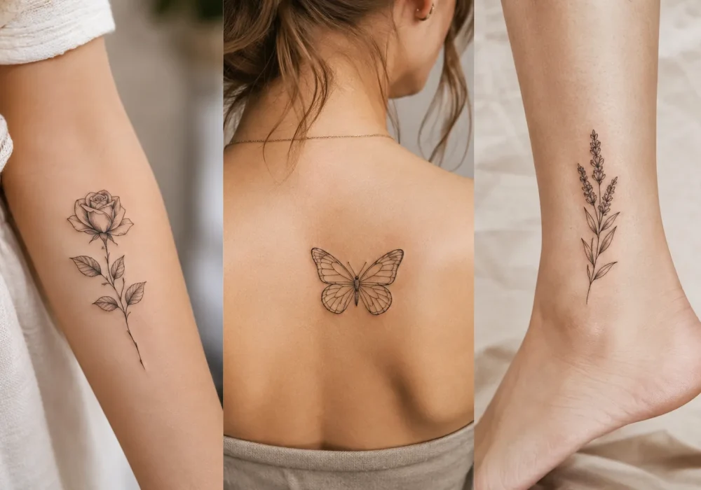 Featured collage showcasing three feminine line art tattoo ideas including a rose forearm tattoo, butterfly shoulder blade tattoo, and lavender ankle tattoo. Elegant minimalist tattoo inspiration for women featuring delicate floral artwork, botanical tattoo designs, aesthetic body art, and trending fine line tattoo styles.