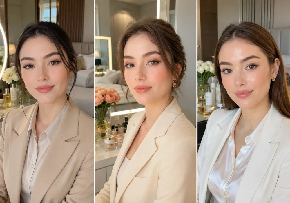 Featured collage image showcasing three professional office makeup ideas on beautiful women wearing elegant beige and white business blazers while seated at luxury vanity tables in stylish bedrooms. The image highlights natural office makeup, glowing skin, soft neutral eye makeup, nude pink lips, polished corporate beauty, executive style, and professional makeup inspiration for modern working women.
