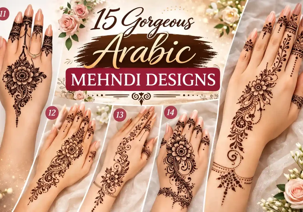 featured image for 14 elegant arabic mehndi designs blog with eye catching back hand henna collage and modern bridal mehndi styles