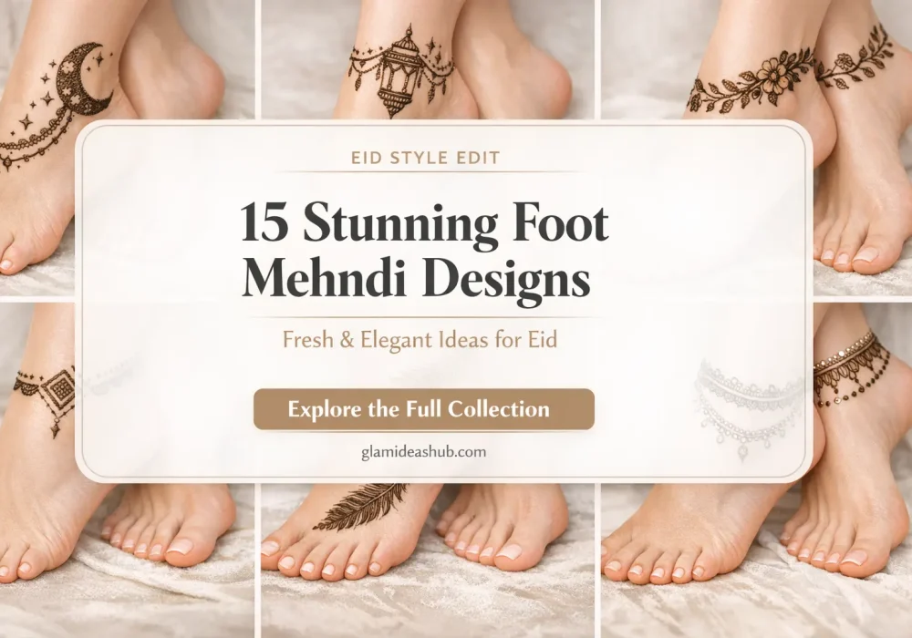 Pinterest cover image showing collage of stylish feet mehndi designs for Eid with elegant henna patterns