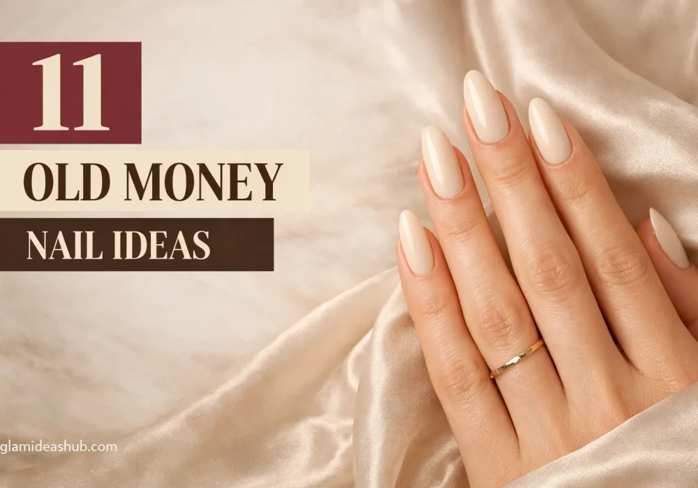 Pinterest cover image showing elegant nude almond nails on feminine hand with silk background and bold text “11 Old Money Nails Ideas”