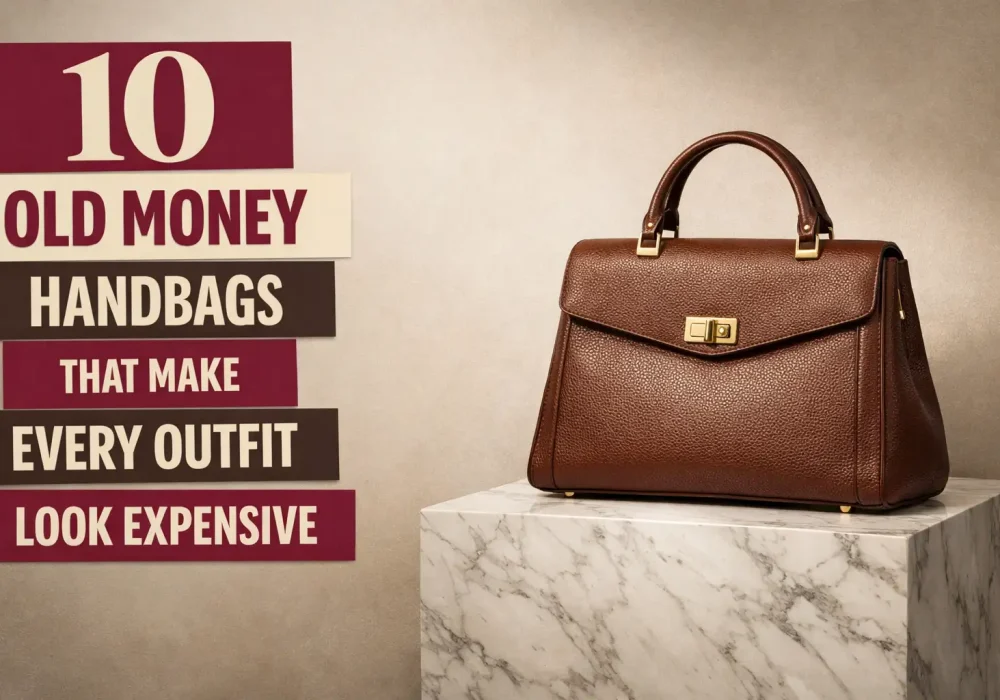 Brown old money handbag on marble pedestal with bold text “10 Old Money Handbags That Make Every Outfit Look Expensive”