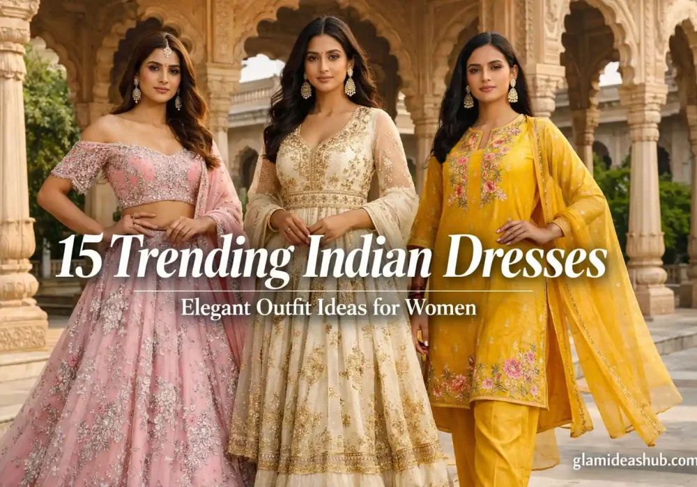 Collage of trending Indian dresses including lehenga Anarkali and kurta set elegant ethnic fashion ideas for women