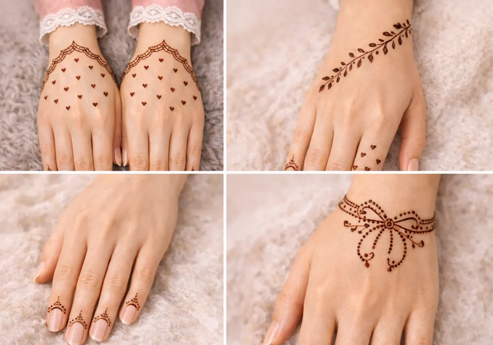 minimal mehndi designs collage with heart henna pattern leafy vine finger mehndi and bow bracelet style simple modern henna inspiration