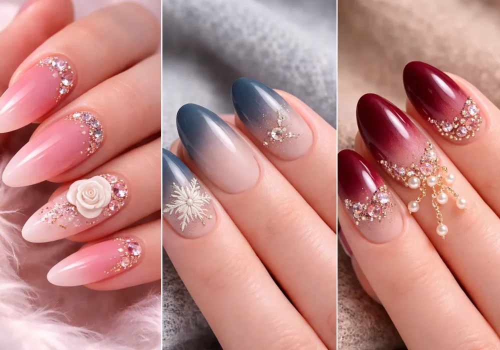 ombre nail designs collage pink blue burgundy nails with gems glossy almond nails grid