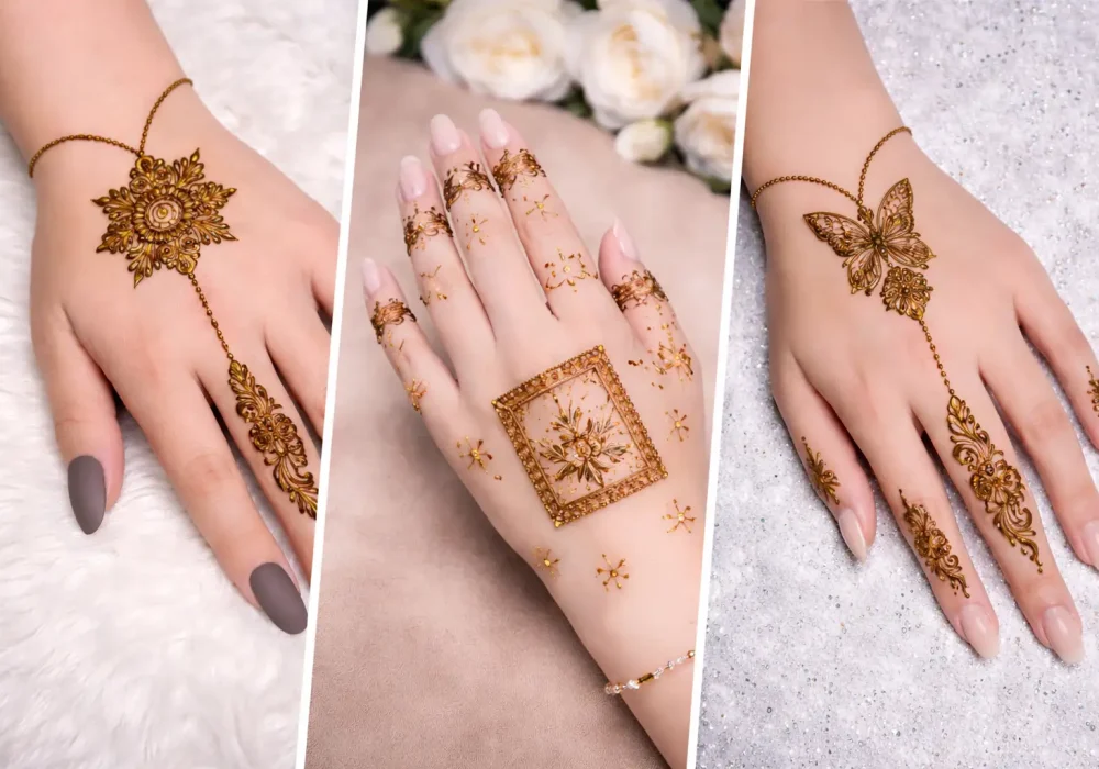 minimal mehndi design ideas collage jewelry style chain butterfly floral henna designs