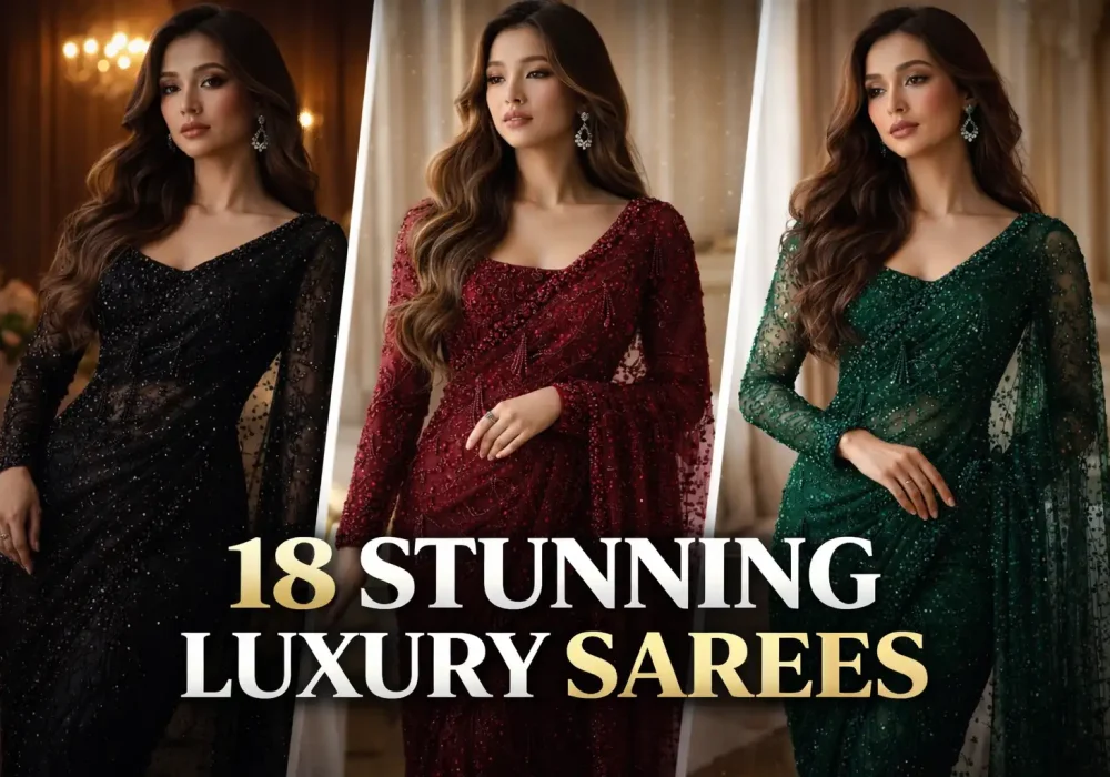 18 stunning luxury sarees collage featuring black maroon and emerald green designer party wear sarees for elegant women