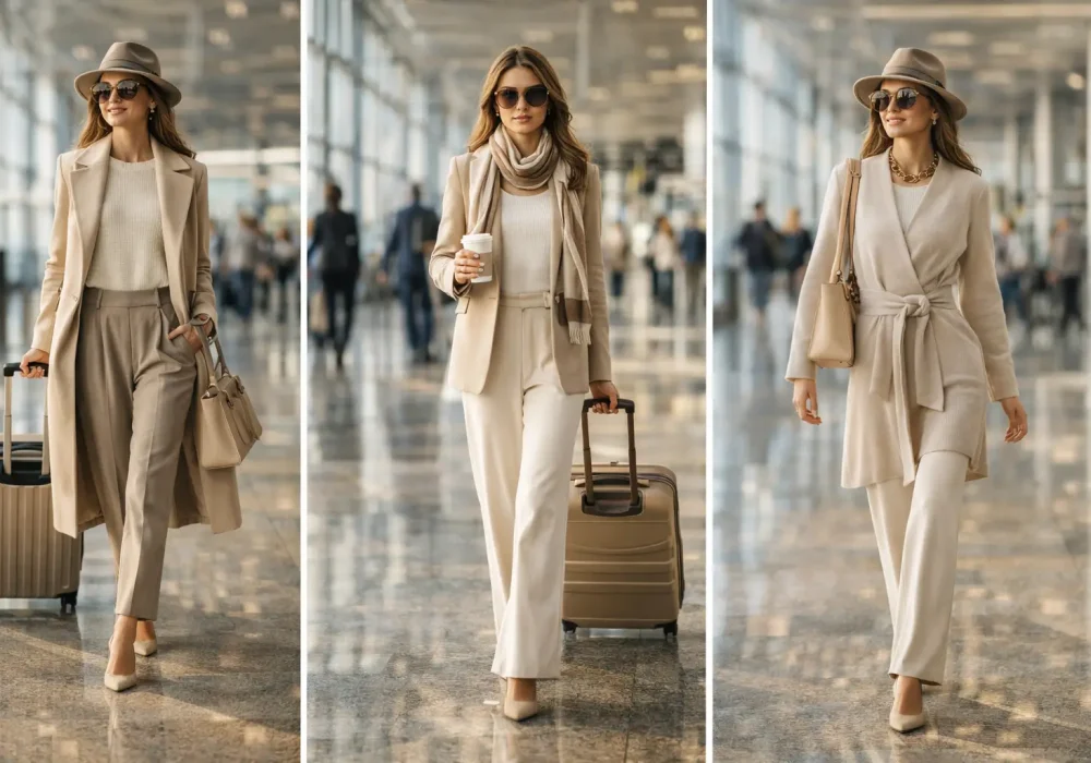chic airport outfit ideas collage stylish neutral travel outfits women airport fashion inspiration