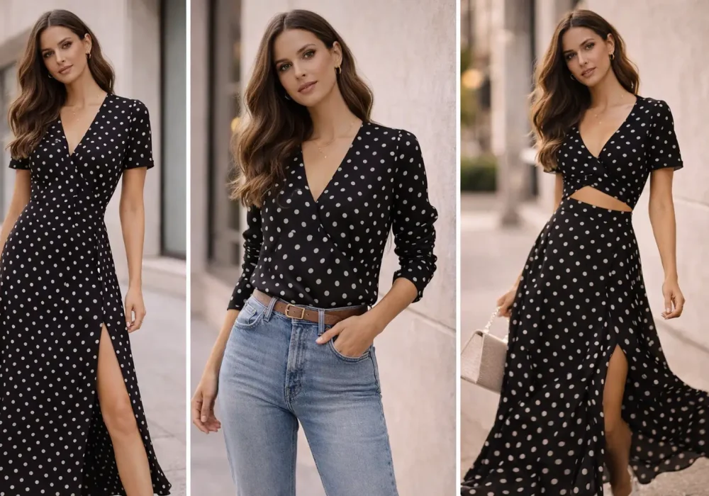 three panel collage showing stylish women wearing black polka dot outfit ideas including wrap dress, polka dot blouse with jeans, and matching polka dot skirt set modern chic fashion inspiration