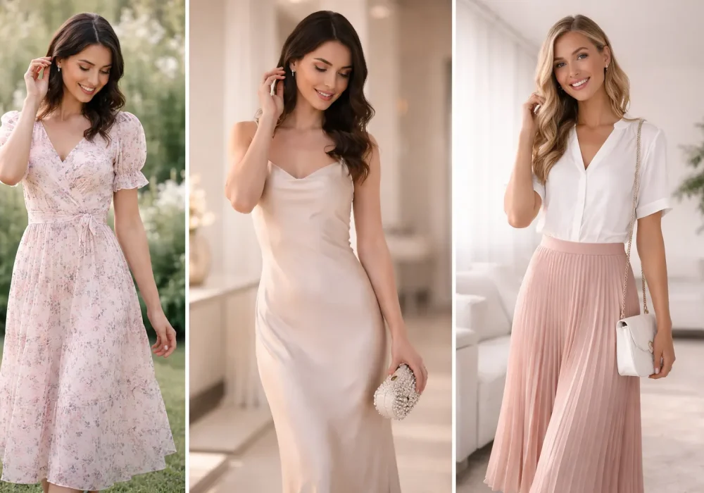 bridal shower guest outfit ideas collage floral dress satin slip dress pleated skirt chic feminine looks
