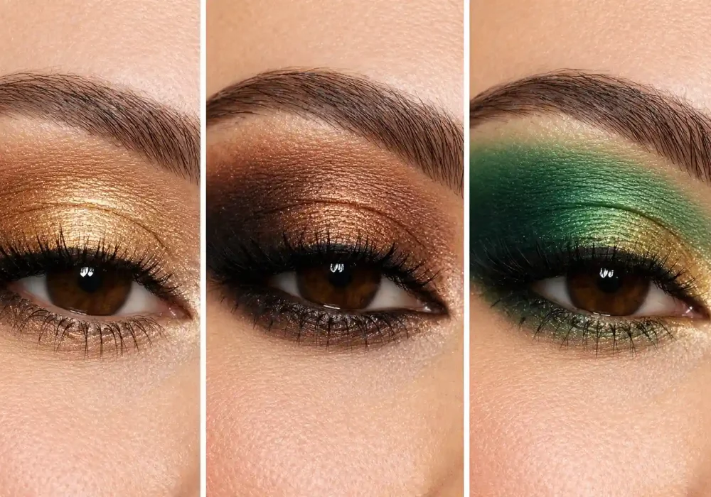 three panel collage showing eyeshadow looks for brown eyes bronze smoky eye makeup, and green glitter eye makeup with long lashes and defined brows trendy eye makeup inspiration