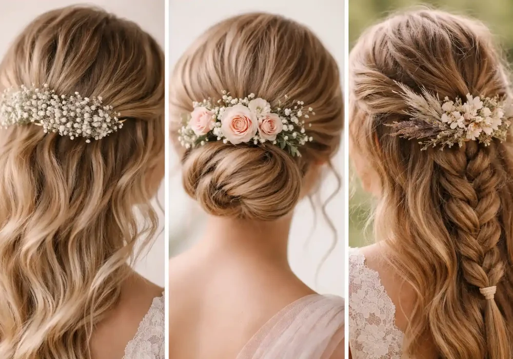 bridal floral hair comb ideas hairstyles collage featuring baby breath rose and boho dried flower hair combs styled in romantic waves low bun and braided bridal hair inspiration