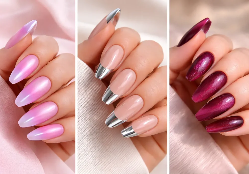 Collage of trendy acrylic nail ideas designs including pink chrome nails, chrome french tip nails, and burgundy chrome manicure displayed in a three image grid stylish nail inspiration.
