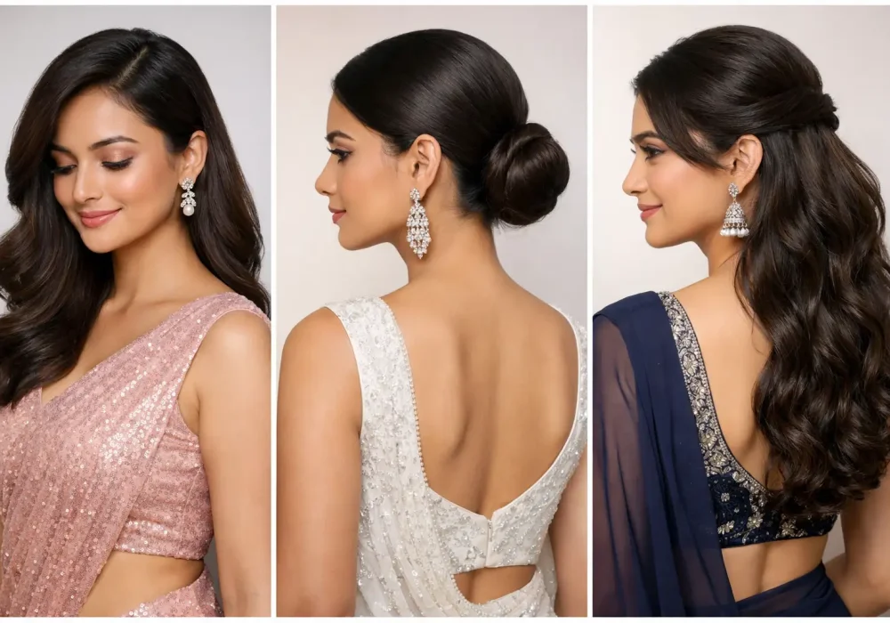 Stylish collage of three elegant hairstyles for sarees including glamorous side swept waves, sleek low bun, and voluminous half up half down hairstyle, modern Indian women wearing designer sarees perfect for wedding, party and festive hairstyle inspiration.