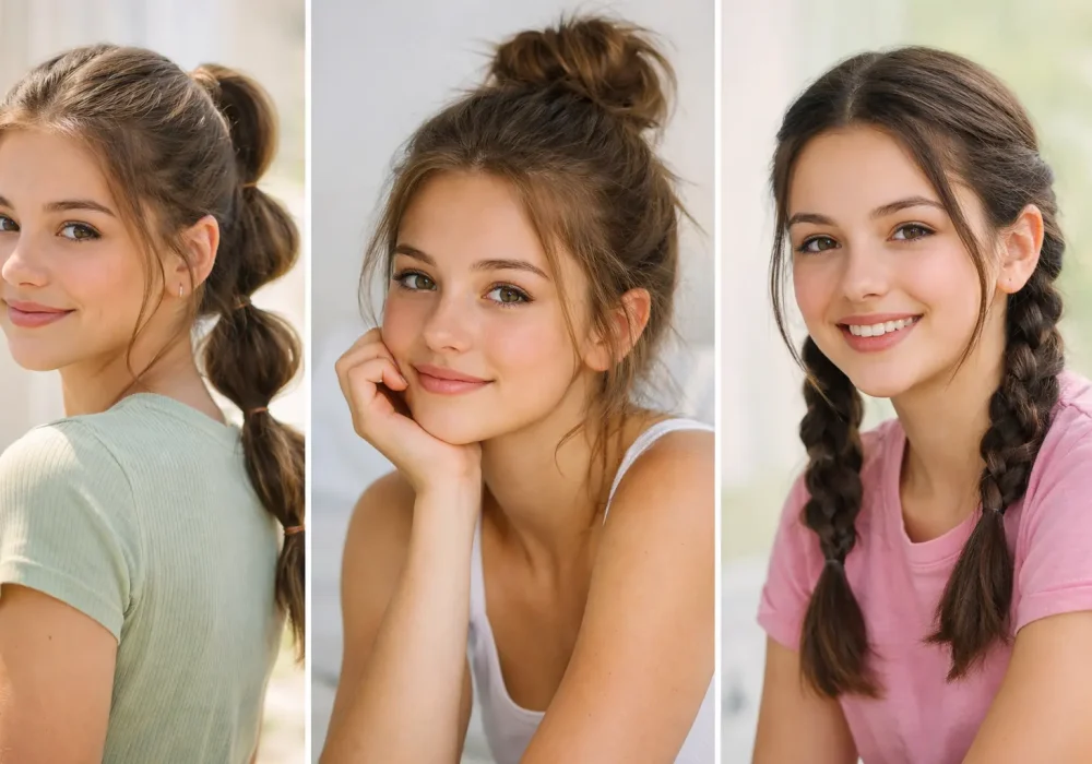 Collage of cute hairstyles for school girls featuring bubble ponytail messy bun and braided pigtails, trendy easy hairstyles for school girls that look stylish and quick.