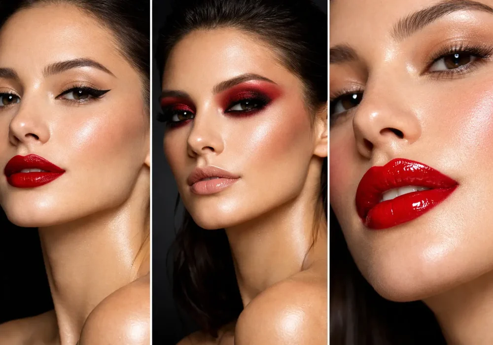 Cherry red makeup looks collage featuring glossy red lips smokey red eyeshadow and glowing skin beauty looks creating a bold glamorous makeup inspiration perfect for red makeup trends