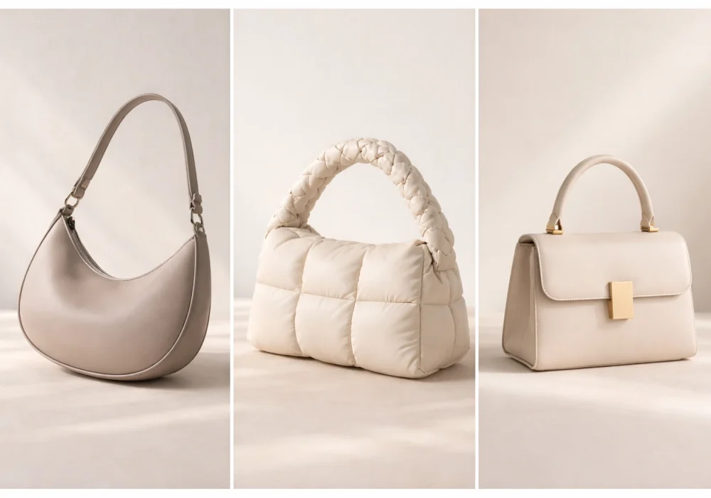 Modern handbag sewing patterns collage featuring crescent moon bag, quilted pillow handbag and structured top handle purse, stylish DIY bag ideas trending on Pinterest sewing projects