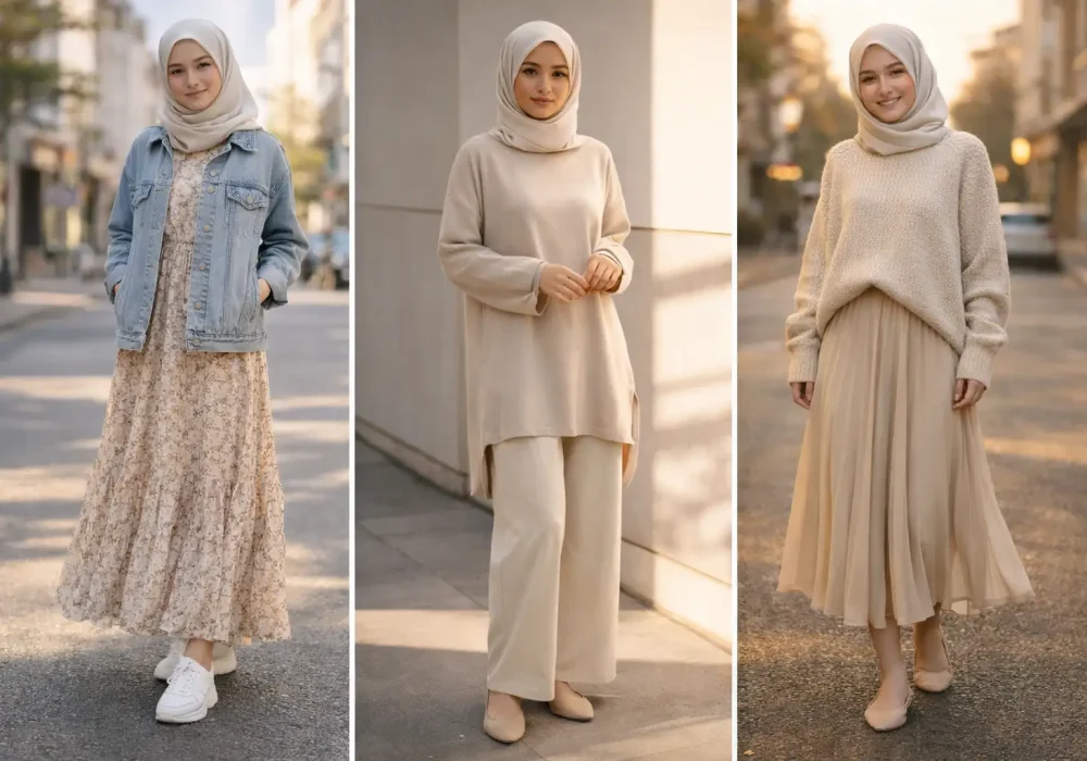 Three modest outfit ideas collage featuring maxi dress with denim jacket, wide leg pants with tunic, and pleated skirt with sweater styled for elegant everyday modest fashion.