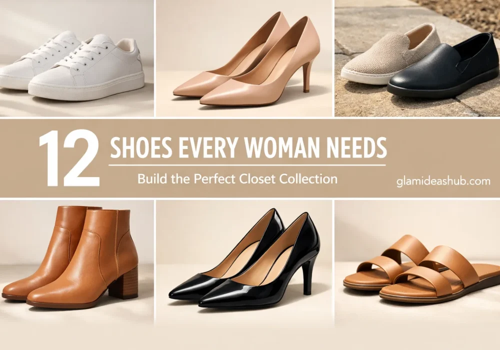 12 shoes every woman needs in her closet collage featuring sneakers heels flats boots loafers and sandals essential women shoe collection guide