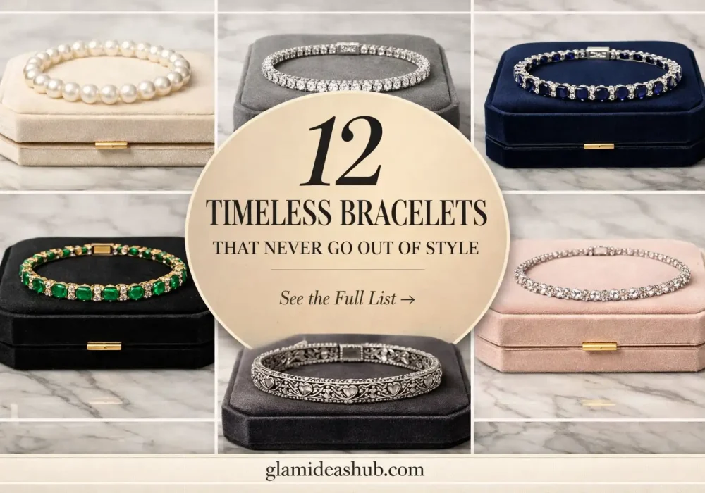 12 timeless bracelets that never go out of style collage featuring pearl bracelet, diamond tennis bracelet, emerald bracelet, sapphire bracelet and vintage bracelet displayed on luxury jewelry boxes old money bracelets aesthetic