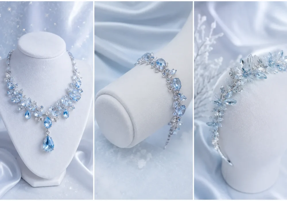 Luxury ice blue crystal accessories collection featuring an elegant statement necklace, sparkling crystal bracelet, and icy floral headband displayed on white velvet jewelry stands with soft frozen glam aesthetics for 2026 fashion trends.