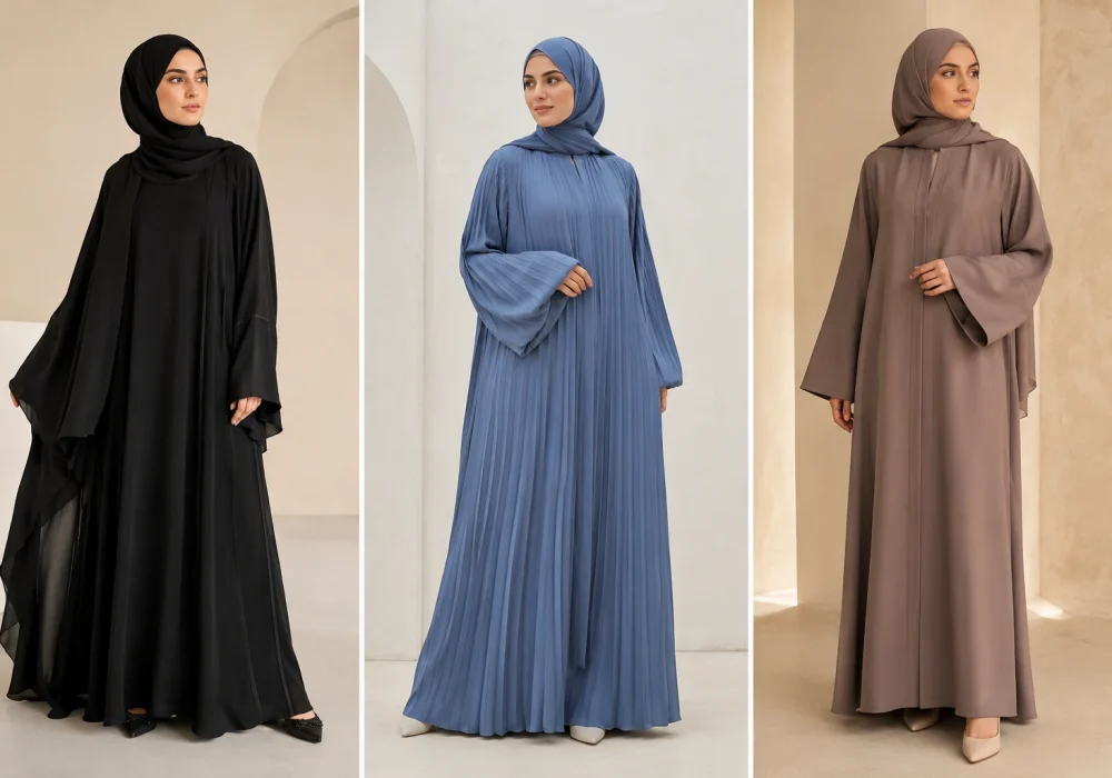 Three elegant Muslim women wearing luxury modest abaya ideas including black layered abaya, dusty blue pleated abaya, and mocha minimalist abaya with matching hijabs in modern modest fashion full body indoor portrait collage