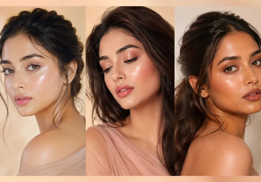 Collage of three South Asian women wearing trendy dewy makeup ideas with glowing skin glossy nude lips radiant blush soft shimmer eyes and luxurious Pinterest-inspired beauty glam